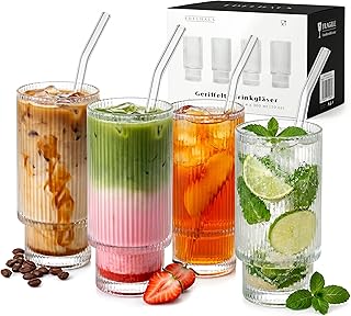 EDELHAUS Gläser Set 4-teilig mit Strohhalm (300ml) – Geriffelte Cocktailgläser, Riffle, Ripple …