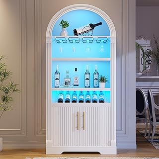 LVSOMT LED Bogen Weinschrank Holz, 180cm Barschrank Modern, 3 Farben Licht, 4 Reihig Rotweinglas …