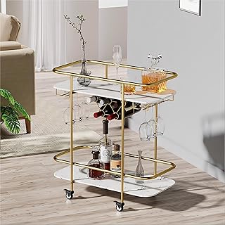 2-stufiger Bar-Servierwagen, Mobiler Getränkewagen mit Weinhalter und Glas Halter, Moderner Roll…