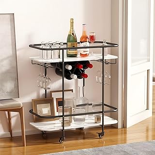 2-stufiger Bar-Servierwagen, Mobiler Getränkewagen mit Weinhalter und Glas Halter, Moderner Roll…