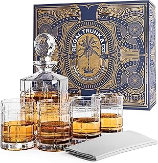 Regal Trunk & Co. Whisky Kristallgläser Set mit Dekanter – 4 Quadratisch Gravierte Tumbler und K…