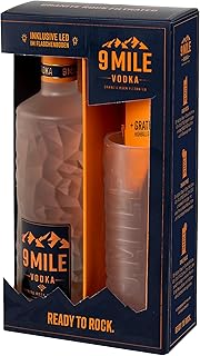 9 MILE Vodka Geschenkeset mit 0,7l Flasche & 9 MILE Glas – 37,5% Vol. Premium Vodka mit LED-Bel…