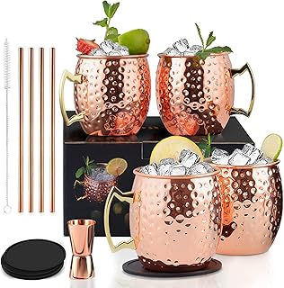 Yoassi Moscow Mule Becher, 4er Set Kupferbecher Mug Kupfer ink. 4 x Silkon Untersetzer, 4 x Stroh…