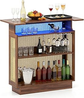 LIFEZEAL Bartisch Holz, Hausbar Theke Bar mit LED-Beleuchtung, Küchenregal Rattan mit Gläserhal…