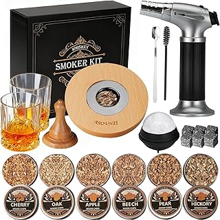 Whisky-Räucherset mit Fackel-6 Geschmacksrichtungen, Holzspäne, 2 Gläser, 6 Whiskysteine, Cock…