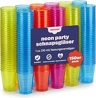 MATANA 150 Bunte Shotgläser Plastik, Schnapsgläser (3cl) – Neon Becher Schwarzlicht – Schnapsbe…