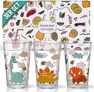 HOMELYN Kindergläser aus Glas 3er Set mit Dino Motiven – 200 ml Trinkgläser Kinder – Spülm…
