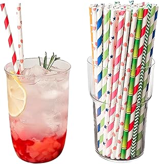 100 Stück Papierstrohhalme, 19,7cm Bunt Gestreifte Papiertrinkhalme, Biologisch Abbaubare Papier…