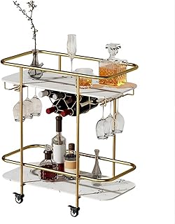 2-stufiger Bar-Servierwagen, Mobiler Getränkewagen mit Weinhalter und Glas Halter, Moderner Roll…