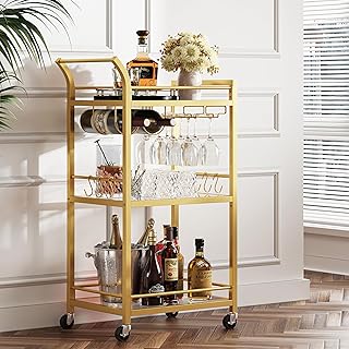 TUTOTAK Barwagen Home Bar Servierwagen mit Mikrowelle und Getränkehalterungen 3-Ebenen-Glaspfand…