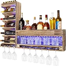 Yorbay Weinregal mit LED-Licht Palette Beflammt Holz, Wandbar mit Korkhalter, für Weingläser, W…