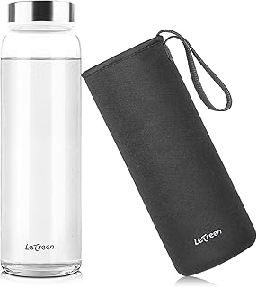 Glasflasche 1 Liter mit Schutzhülle, Weite Öffnung Wasserflasche 1L Glas mit Spülmaschinenfest…