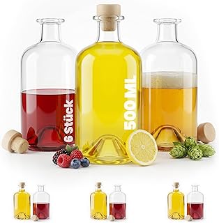 6 x 500ml Glasflaschen Apothekerflasche 0,5 Liter Leere Flaschen zum Befüllen mit Korken Glas Li…