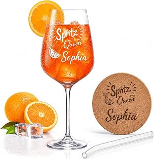 Premium Set personalisiertes Spritz Glas 550 ml mit Name | Graviertes Cocktailglas inkl. Glasstro…