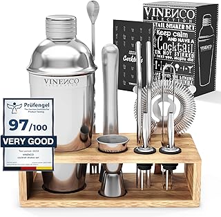 Cocktail Shaker Set mit Ständer & Rezeptbuch: Premium Edelstahl Bar Cocktailset Cocktailshaker M…