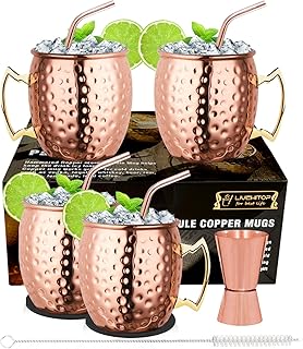 LIVEHITOP 19,5 Oz Moscow Mule Tasse‌ 4er Set, Gehämmerte Kupferbecher mit Jigger für Kaltgetr…