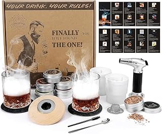Whiskey Cocktail Smoker Set mit Brenner, 6 Geschmacksrichtungen Holzspäne, 2 Gläser, 2 Eisball-…