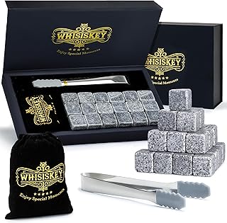 WHISISKEY Whisky Steine Set – 18 Whiskey Steine & Zange – Geschenke für Männer – Männergeschen…