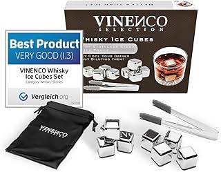Whisky Steine Set – 8 Wiederverwendbare Edelstahl Eiswürfel, Zange + Stoffbeutel, Whiskey Ice Cu…