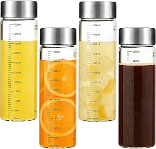 4 Glasflaschen 500ml mit Edelstahl Deckel, Wiederverwendbar Glaswasserflasche, Smoothie Gläser S…