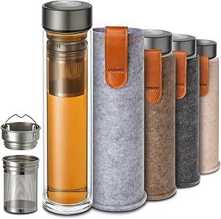 Cosumy Teeflasche mit Sieb to Go 500ml – Doppelwandiges Glas mit Filztasche – Hitzebeständig – A…