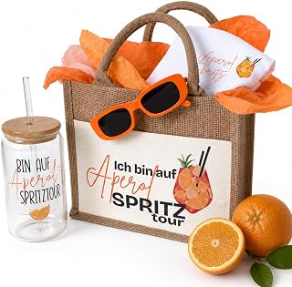Aperol Spritz Geschenkset | Jutetasche mit Aperol T-Shirt Damen, Trinkglas mit Strohhalm | Sommer…