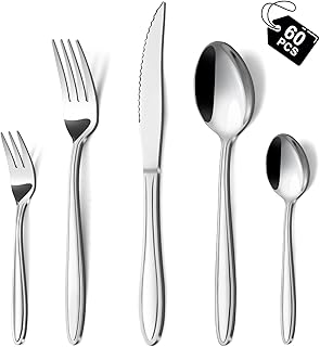 Hunnycook Besteck Set 12 Personen, 60-teiliges Edelstahl Essbesteck mit Liniengriff, Elegantes Be…