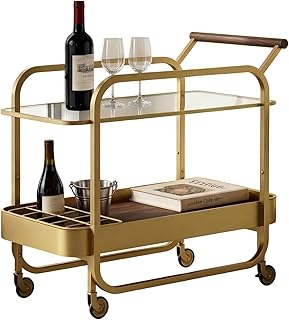 Servierwagen 2-stöckig, Getränkewagen mit Sicherheitsglas-Ablagen und Flaschenhalter, Barwagen …