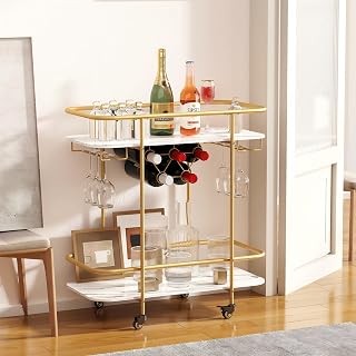 2-stufiger Bar-Servierwagen, Mobiler Getränkewagen mit Weinhalter und Glas Halter, Moderner Roll…
