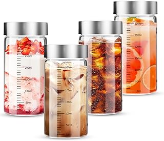 4er Glasflaschen 300ml mit Edelstahl Deckel,Smoothie Flasche mit Messskala,Wiederverwendbar Glasw…