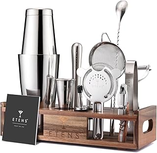 Etens 15-teiliges Barkeeper Set mit Holzständer – Edelstahl Boston Cocktail Shaker Set mit Mes…
