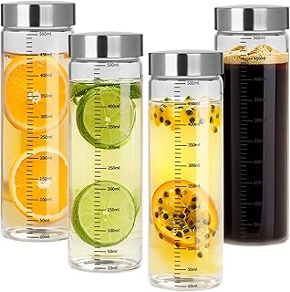 DUBUOZA 4er Glasflaschen 500ml mit Edelstahl Deckel,Smoothie Gläser Sets mit Messskala,Wiederver…