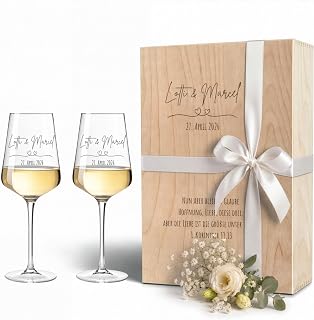 Leonardo Puccini Weingläser mit Gravur 2er Set inkl. Holzkiste, Geschenkband – personalisierte G…