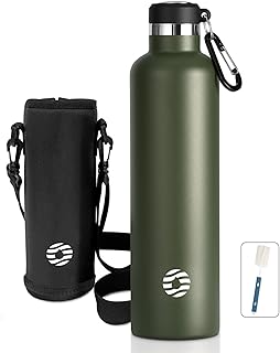 FEIJIAN Edelstahl Trinkflasche 1L mit Karabiner für Kohlensäure BPA-frei | 24 Std. kalt, mit Tr…
