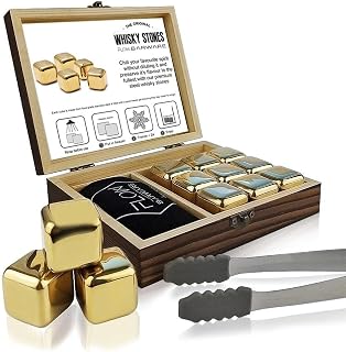FLOW Barware Gold Whisky-Steine, Geschenk-Set mit Eiszange und Aufbewahrungstasche, Wiederverwend…
