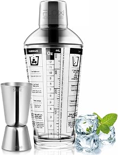 FLOW Barware Cocktailshaker aus Glas mit Beilagenrezepten | Glas-Cocktail-Maschinen-Set mit Messb…