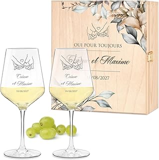 Maverton 2er Weingläser Set mit Gravur in Holzkiste – 490 ml Wein Gläser Set mit Namen und Datu…