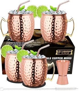 LIVEHITOP 19,5 Oz Moscow Mule Tasse 4er Set, Gehämmerte Kupferbecher | mit Jigger, Untersetzer, …