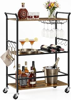 VASAGLE Servierwagen, Weinregal und Glashalter, Stahl, 64,5 x 32 x 85,5 cm | Küchenwagen, mit 4 …