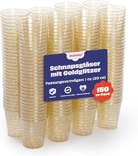 MATANA 150 Schnapsgläser aus Plastik mit Goldglitter, 3cl – Pinnchen Kunststoff, Shotgläser Gol…