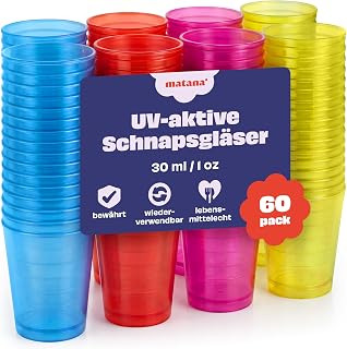 MATANA 60 Bunte Shotgläser Plastik, Schnapsgläser (3cl) – Neon Becher Schwarzlicht – Shot Beche…