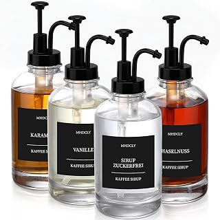 4er Set Sirup Spender für Kaffee Sirup – Glas Glasflaschen mit Pumpe & 24 schwarzen Etiketten (D…