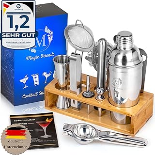 Magic Friends® Cocktail Shaker Set – 16-teiliges Edelstahl Bar-Set mit Holzständer, Limettenp…