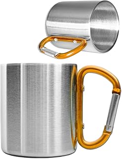 Outdoor Saxx – Robuste Camping-Tasse mit Karabiner-Griff, Edelstahl, 250 ml (silber/orange)