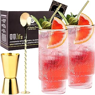Vemacity Geriffelte Gin-Tonic-Gläser-Set mit Goldrand | 2 Highball Longdrinkgläser, Barlöffel,…