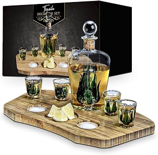 MikaMax Tequila Decanter Set – Komplettset – Handgemachte Agave Karaffe mit Korkverschluss 840 ml…
