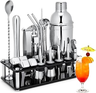 KINGROW Cocktail Shaker Set, 23‑teiliges mit Ständer, 750ml, Silber