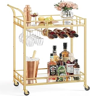 VASAGLE Servierwagen, Rollwagen, Gläserhalter, 2 verspiegelte Glasablagen, Barwagen, Weinwagen, …
