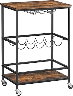 VASAGLE Servierwagen, Barwagen, Weinregal auf Rollen, Küchenwagen, Weinglashalter, Flaschenhalte…