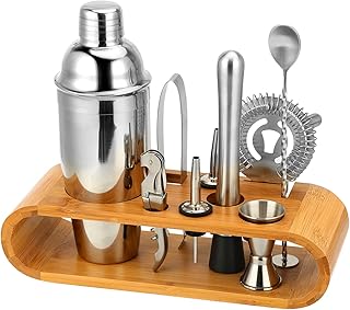 Hochwertiges Cocktailshaker Set, Cocktailmixer Set, 10 Teileig, aus Edelstahl, mit Bambus-Aufbewa…